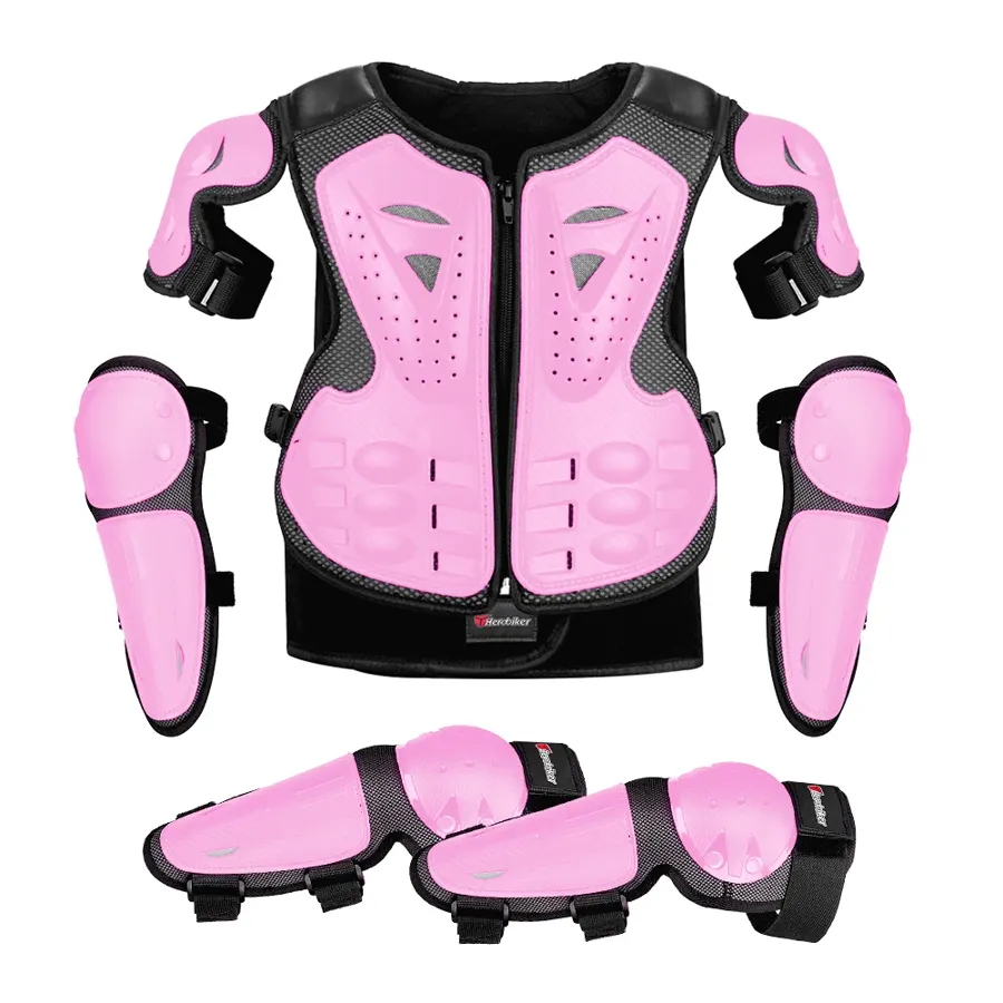 Armure de motocross enfant complète : gilet, coudières, genouillères, couleur Rose