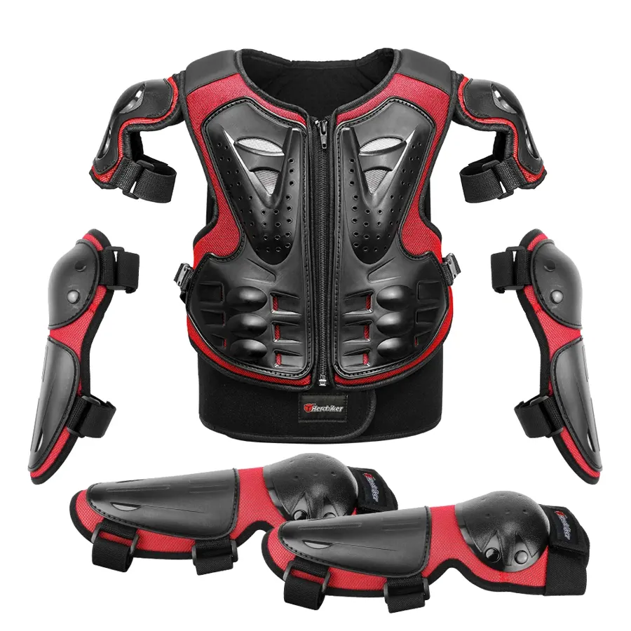 Armure de motocross enfant complète : gilet, coudières, genouillères, couleur Rouge