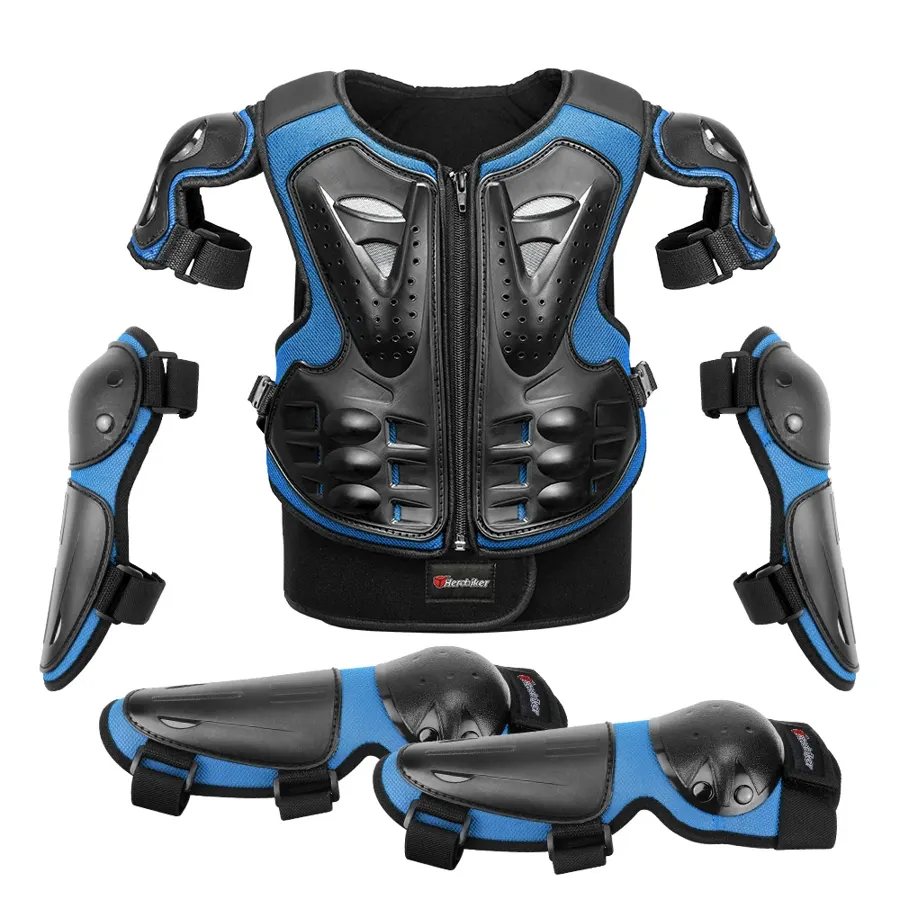 Armure de motocross enfant complète : gilet, coudières, genouillères, couleur Bleu