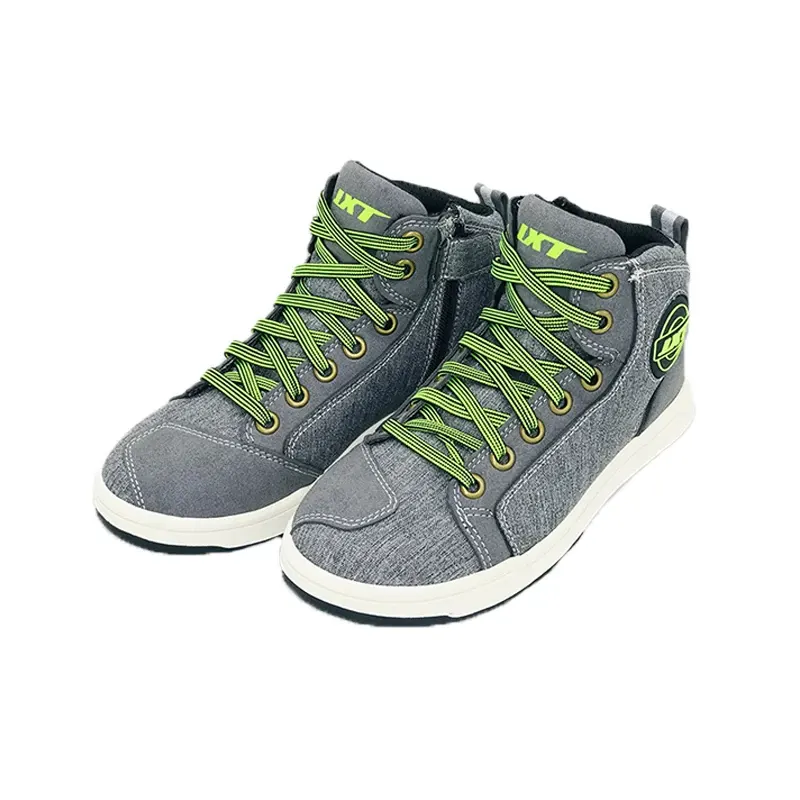 Baskets moto montantes renforcées, couleur Gris / vert fluo