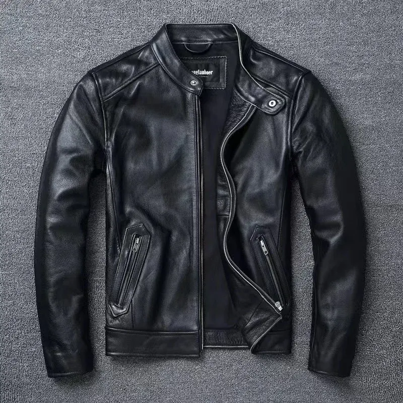Blouson moto cuir de vache style café racer homme, couleur Noir