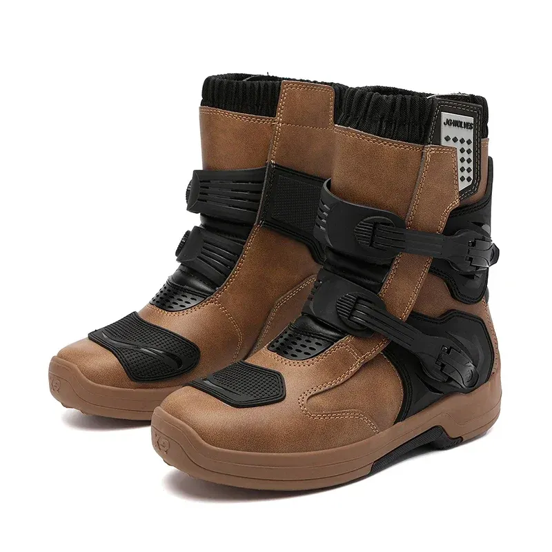 Bottes moto trail en cuir imperméables, double boucle, couleur Marron