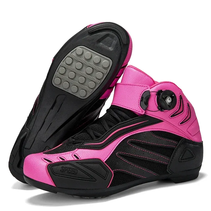 Chaussures moto homme et femme à serrage rotatif, rose, vert fluo ou orange, couleur Noir et rose
