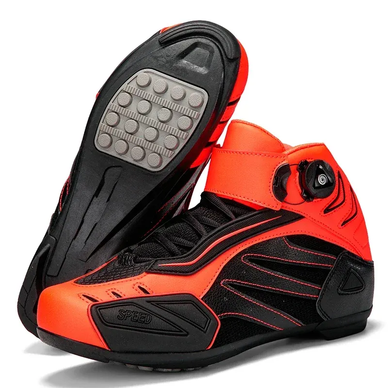 Chaussures moto homme et femme à serrage rotatif, rose, vert fluo ou orange, couleur Noir et orange