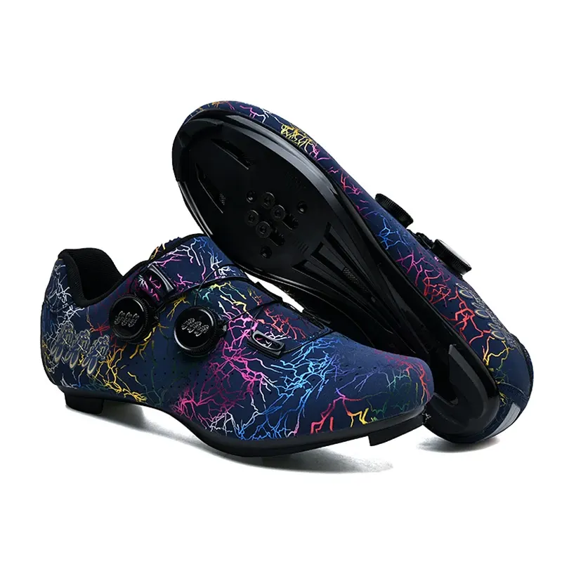Chaussures vélo de route automatiques à double molette, motif graffiti, couleur Bleu nuit