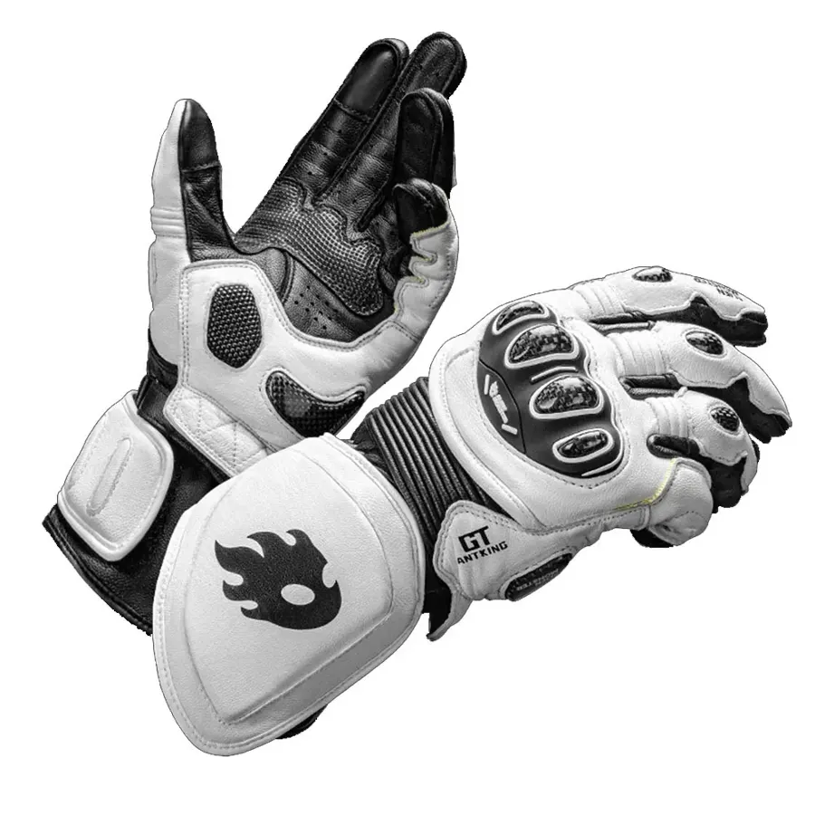 Gants moto racing cuir et carbone ALIEN MONSTER, manchette longue, couleur Blanc