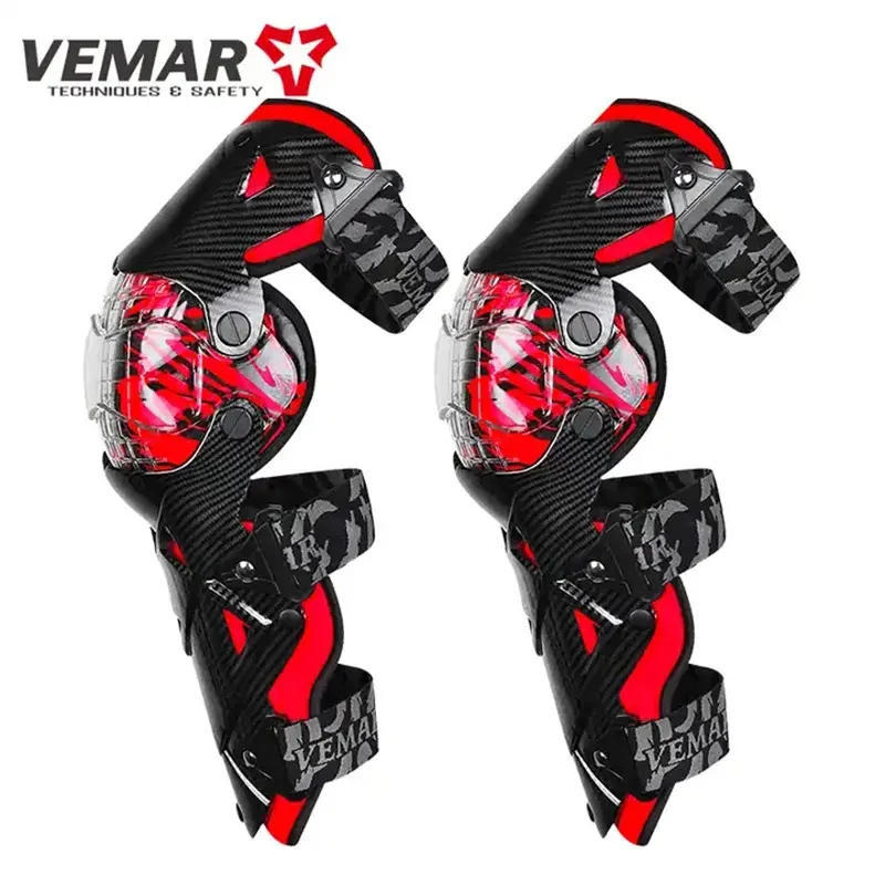 Genouillères moto articulées VEMAR E-18, coque et protège-tibia, couleur Rouge