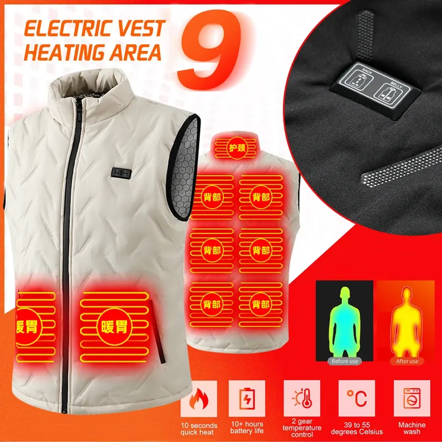 Gilet chauffant USB 9 zones, 3 niveaux de chaleur, homme et femme, couleur Beige