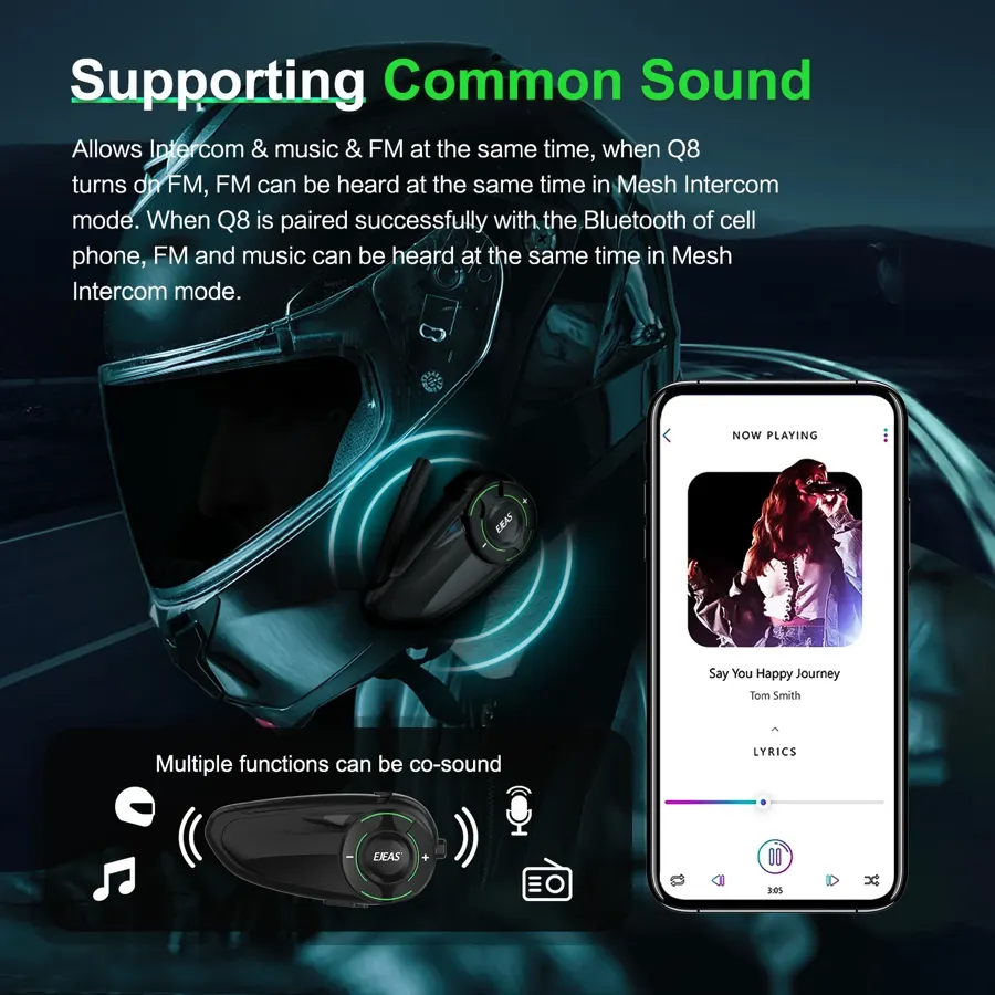 Intercom moto Mesh EJEAS Q8 pour 6 motards, Bluetooth 5.1, IP67, photo 5