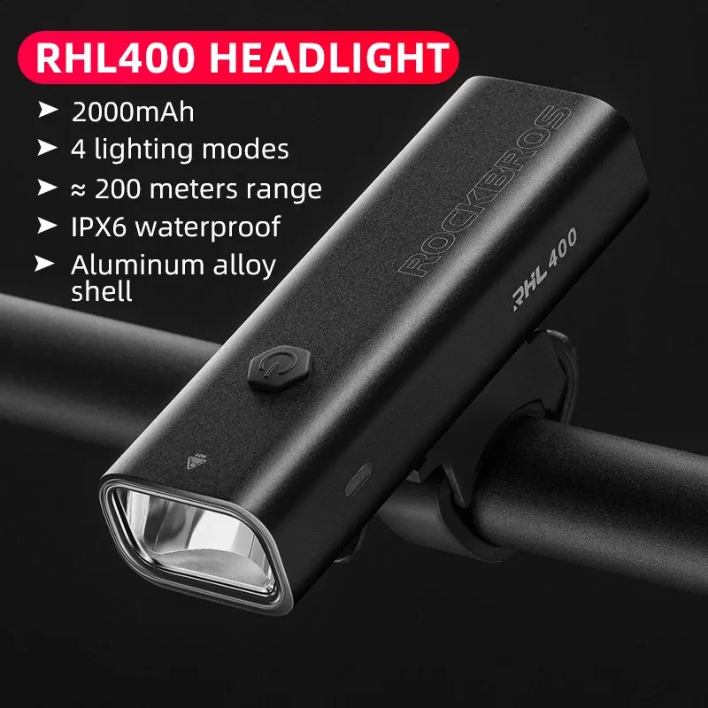 Lampe avant vélo ROCKBROS 400 lumens, rechargeable USB-C, IPX6