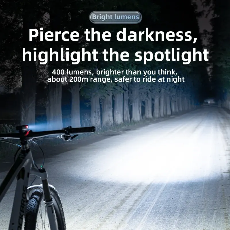 Lampe avant vélo ROCKBROS 400 lumens, rechargeable USB-C, IPX6, photo 2