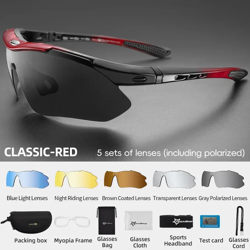 Lunettes de soleil polarisées ROCKBROS avec 5 verres interchangeables, couleur Rouge