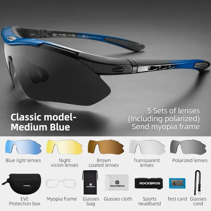 Lunettes de soleil polarisées ROCKBROS avec 5 verres interchangeables, couleur Bleu