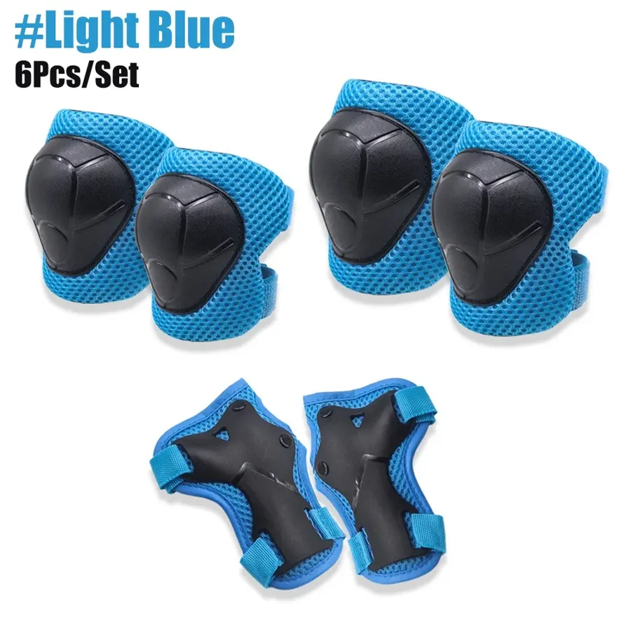 Protections enfant genoux, coudes et poignets (6 pièces), 3 à 15 ans, couleur Bleu clair