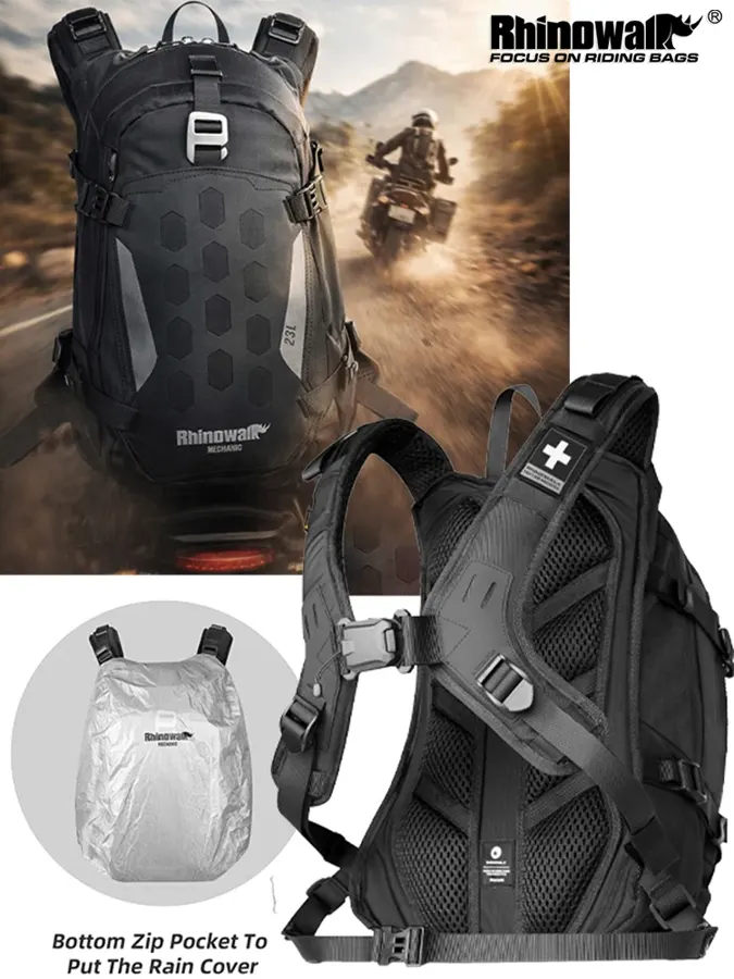 Sac à dos moto Rhinowalk 23 L à boucle magnétique, porte-casque et poche à eau