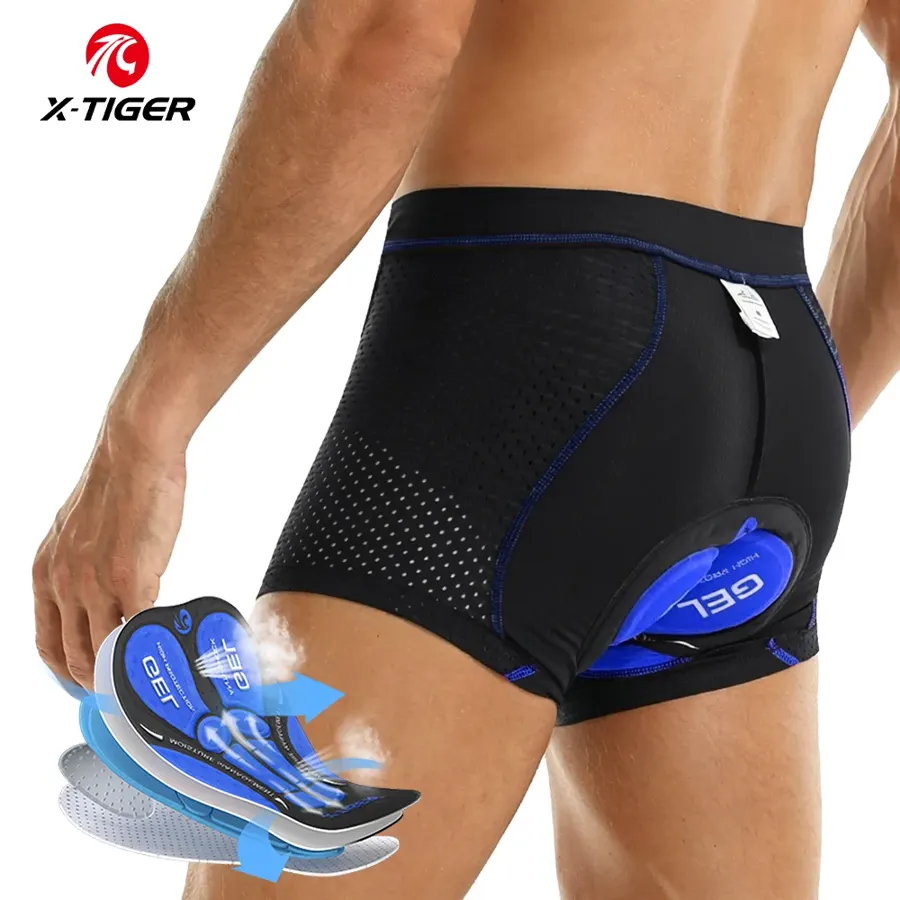 Sous-short vélo rembourré X-TIGER, peau gel 5D, homme, coloris Noir et bleu